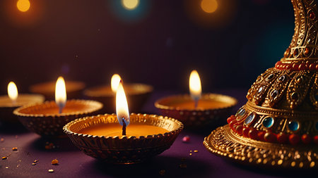 Indian festival Diwali, Diya oil lamps lit on colorful rangoli. Hindu traditional. Happy Deepavali.
