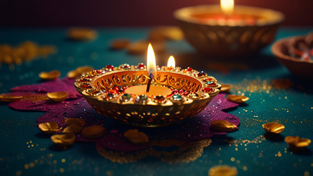 Indian festival Diwali, Diya oil lamps lit on colorful rangoli. Hindu traditional. Copy space for text.の写真素材