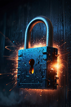 Digital composite of Padlock with open door and sparkles against dark background