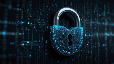 Cyber security concept. Padlock on digital background 3D rendering