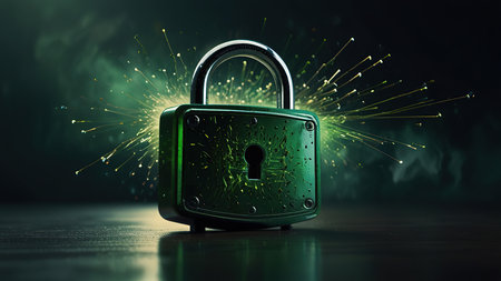 Green padlock on dark background with glowing lights. 3d renderingの写真素材