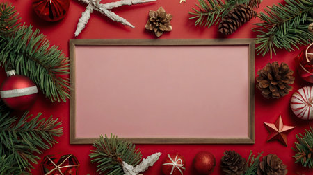 Top view of christmas decoration on red background with copy space.の写真素材