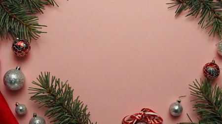 Christmas background with fir branches, Christmas balls and candy canes on pink backgroundの写真素材