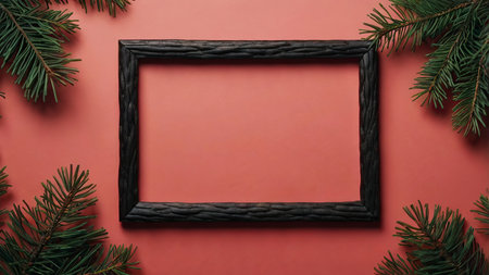 Frame with fir branches on a red background. Flat lay, top view.の写真素材