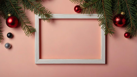Christmas frame with fir branches and red balls on pink background. Flat lay, top view.の写真素材