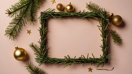 Christmas frame with fir branches and golden balls on pink background. Flat lay, top view.の写真素材