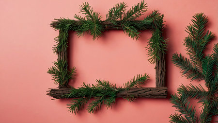 Christmas frame made of fir branches on a pink background with copy space.の写真素材