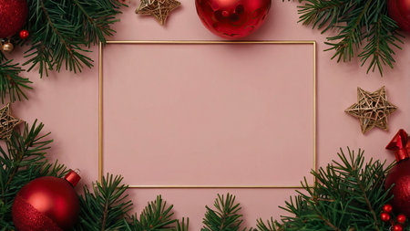 Christmas composition. Frame made of fir branches, red balls and golden decorations on pink background. Flat lay, top view, copy spaceの写真素材