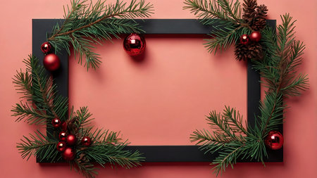 Christmas frame with fir branches and red baubles on pink backgroundの写真素材