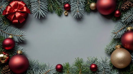 Christmas background with fir branches and red baubles on gray background