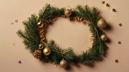 Christmas wreath with golden baubles on a beige backgroundの写真素材