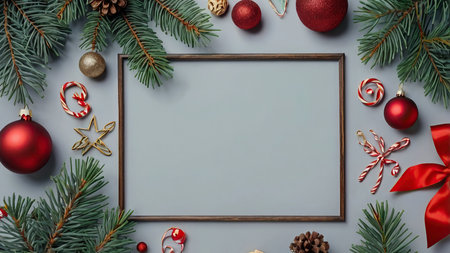 Christmas composition. Frame, fir branches, candy canes, red balls on gray background. Flat lay, top view, copy spaceの写真素材