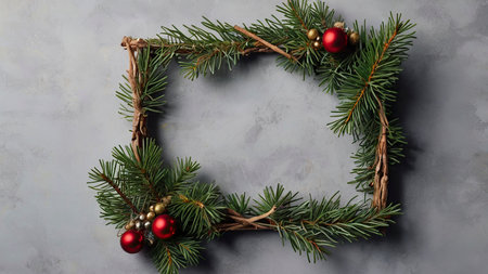 Christmas greeting card. Wreath made of fir branches on gray background. Top view, flat lay