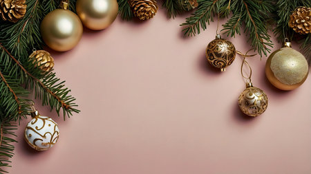 Christmas background with fir branches, golden baubles and pine cones on pink background