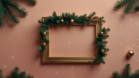 Christmas frame with fir branches and baubles. 3d renderingの写真素材