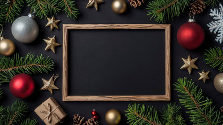 Christmas background with fir tree branches, red and golden baubles, gift boxes and wooden frame on black backgroundの写真素材