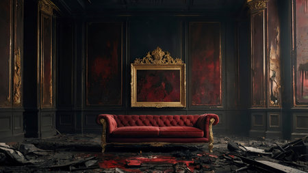 Interior of an old mansion with a red sofa and broken wallsの写真素材