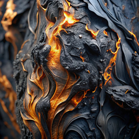 Burning black lava close up. Abstract background with copy space.の写真素材