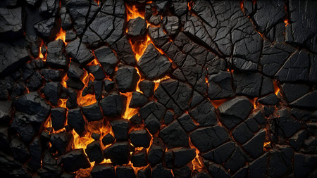 Burning charcoal as a background, close-up, top view