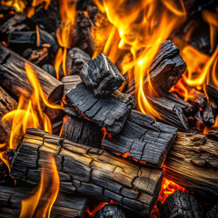 Burning firewood in the fireplace close-up. Abstract background