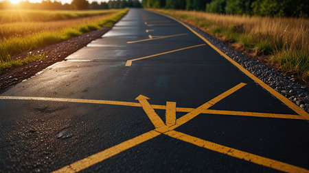 Road marking on the asphalt road in the countryside in the morning.