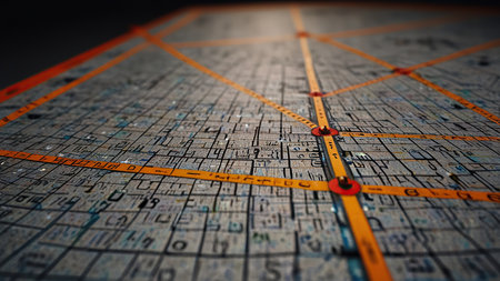 3D rendering of a map of the city with red and orange linesの写真素材