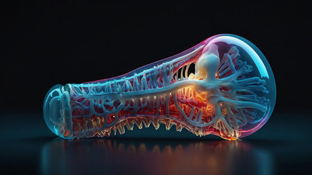 3d rendering of a human spine with highlighted brain on black backgroundの写真素材