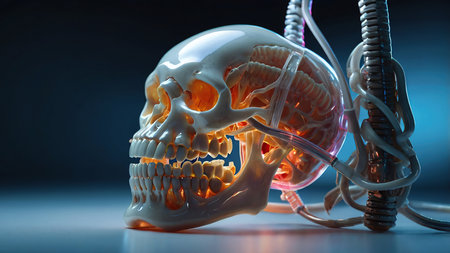 Human skeleton anatomy on a dark background, 3d render illustration.の写真素材