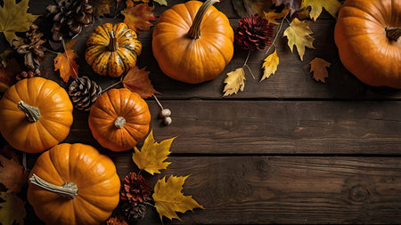 Autumn leaves, pumpkins and pine cones on rustic wooden background