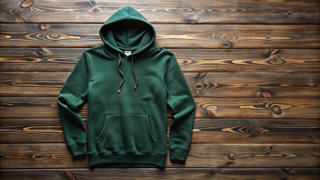 Green hooded sweatshirt on wooden background. Mockup for designの写真素材
