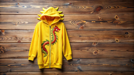 Yellow hoodie on wooden background. Mockup for your design.の写真素材