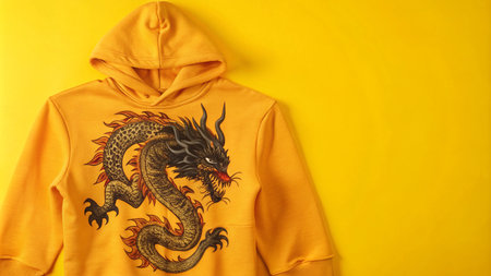 Yellow hooded sweatshirt with a dragon pattern on a yellow background
