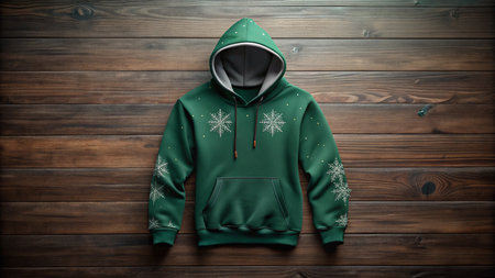 Green hoodie with snowflakes on a wooden background. Top view