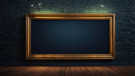 Empty blackboard in dark room with wooden floor. 3D rendering