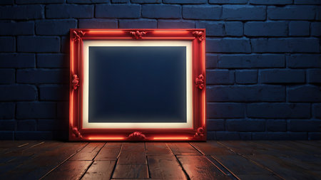Empty picture frame in front of a brick wall. 3D Renderingの写真素材