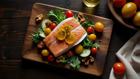 salmon salad with tomatoes and arugula on a wooden background