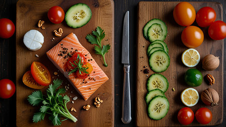 Salmon fillet with tomatoes, cucumbers, cheese and parsley on wooden background. Top viewの写真素材