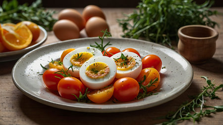 Boiled eggs with tomatoes and herbs on a plate, selective focus