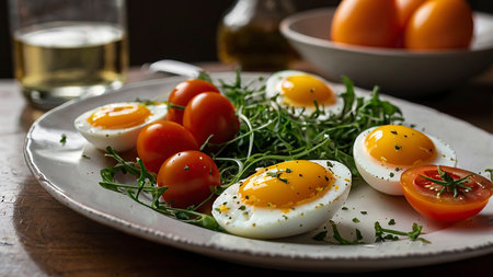 Boiled eggs with arugula and cherry tomatoes on a plate