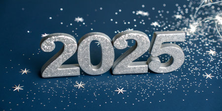 Silver number 2025 on a blue background with sparklers and snowflakes