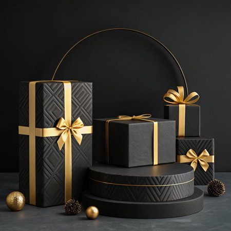 Black gift boxes with gold bows on black background. 3d renderの写真素材