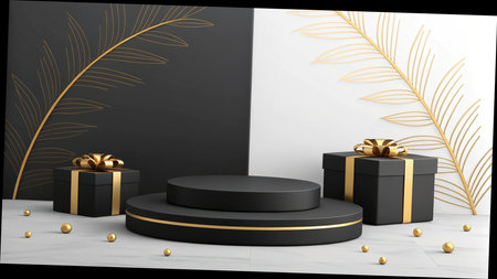 Black and white podium with gold gift boxes and palm leaves on black background. 3d renderの写真素材