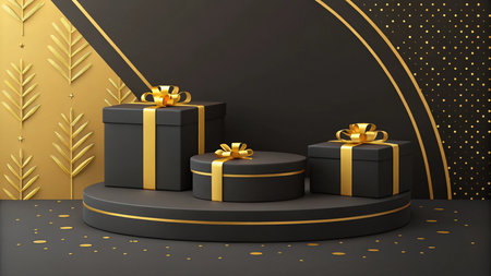 Black podium with gold gift boxes on black background. 3D renderingの写真素材