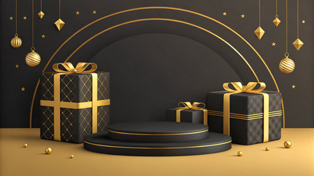 3d render of black and gold Christmas background with podium, gift boxes and decorationsの写真素材