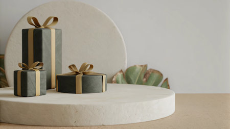gift boxes with gold ribbon on white round podium in living roomの写真素材