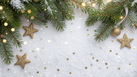 Christmas greeting card. Festive decoration on snow background. New Year concept. Copy space.  Flat lay. Top view.