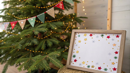 Christmas tree with garland and blank photo frame on wooden background.の写真素材