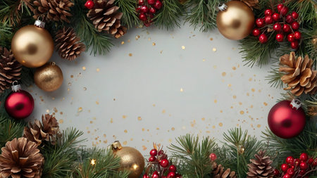 Christmas background with fir branches, pine cones, red berries and golden Christmas ballsの写真素材
