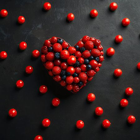 Heart shape made of fresh berries on a black background, top viewの写真素材