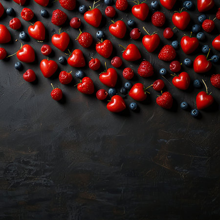 Fresh berries on a black background. Top view with copy space.